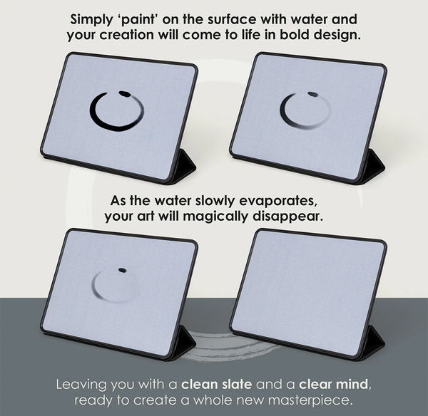 Four square tablets shown from the front on a light background, each with a small circular black mark in the center. Text explains a water-based art effect that disappears as water evaporates.