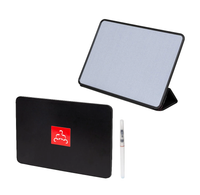 A black water painting table from two angles on a white background, with one view closed featuring a red square logo and one view open with a light gray screen and black frame. A small white stylus is placed beside the stand.