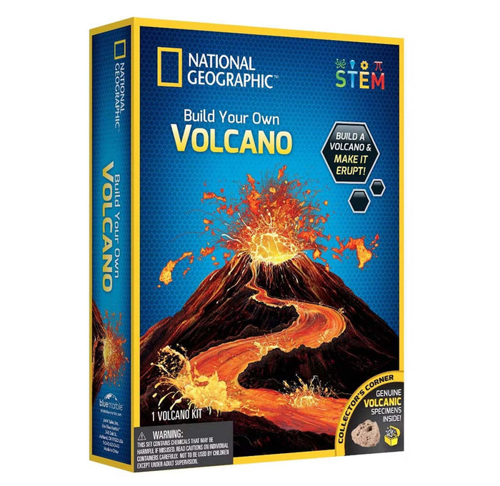National Geographic Build Your Own Volcano kit packaging with volcano illustration on blue background