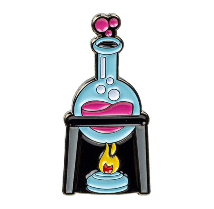 Enamel pin of a cartoon-style beaker with pink liquid and flame on a white background
