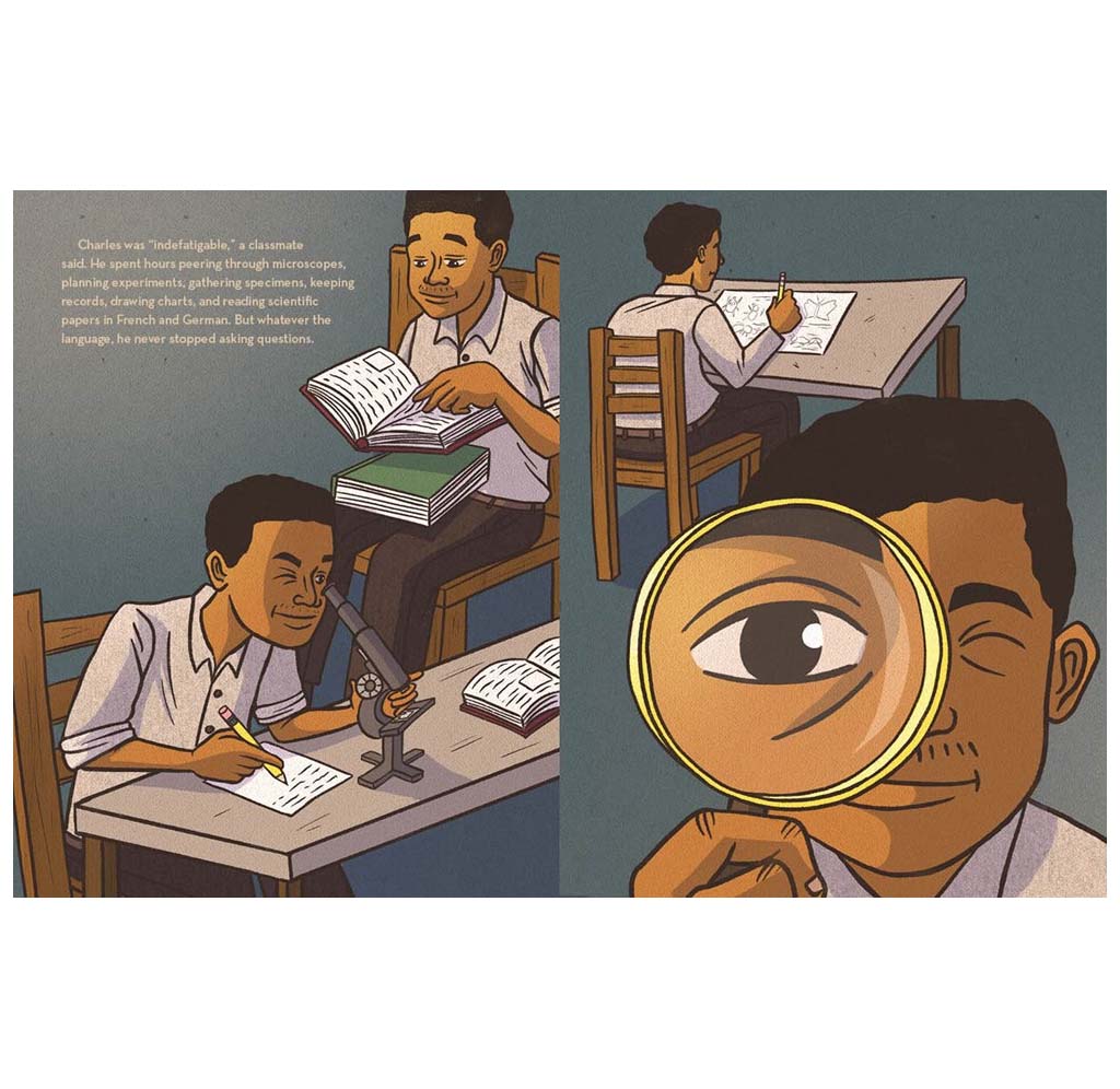 The book layout page features Henry Charles Turner as a boy studying, drawing his illustrations, looking through a microscope, and reading his texts.