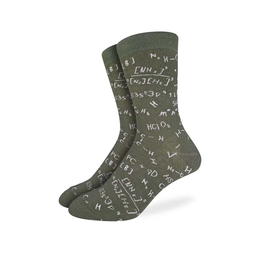 Green socks with chemistry formulas on a white background