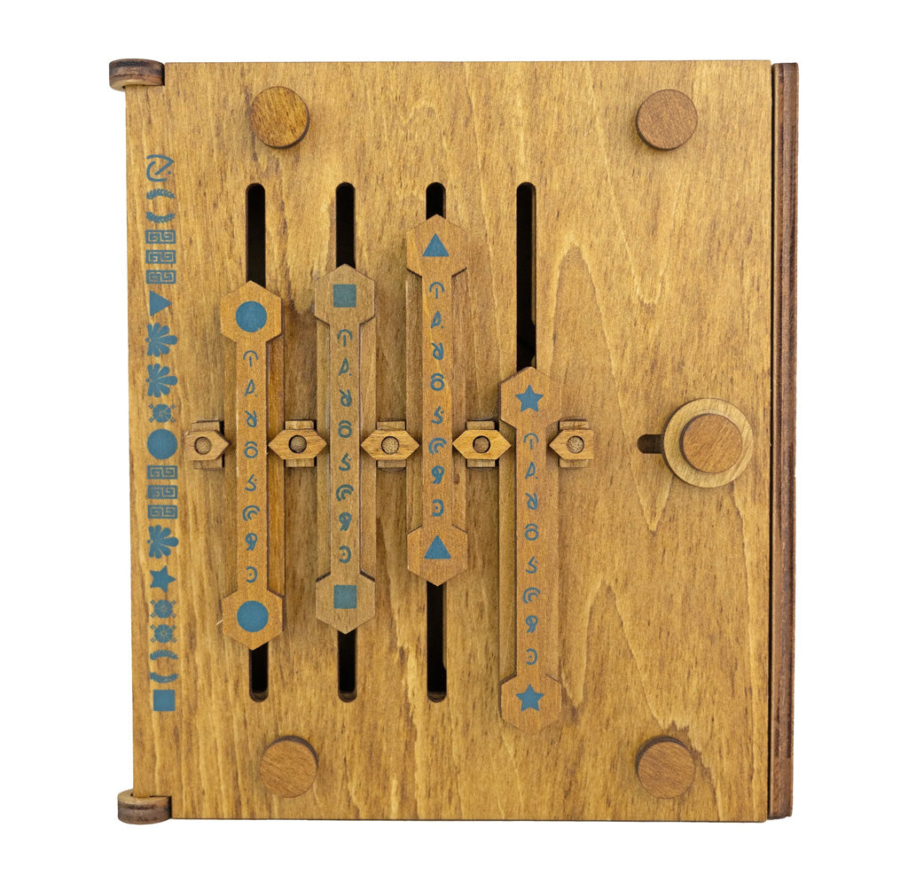 Wooden puzzle with blue accents on a white background