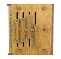 Wooden puzzle with blue accents on a white background