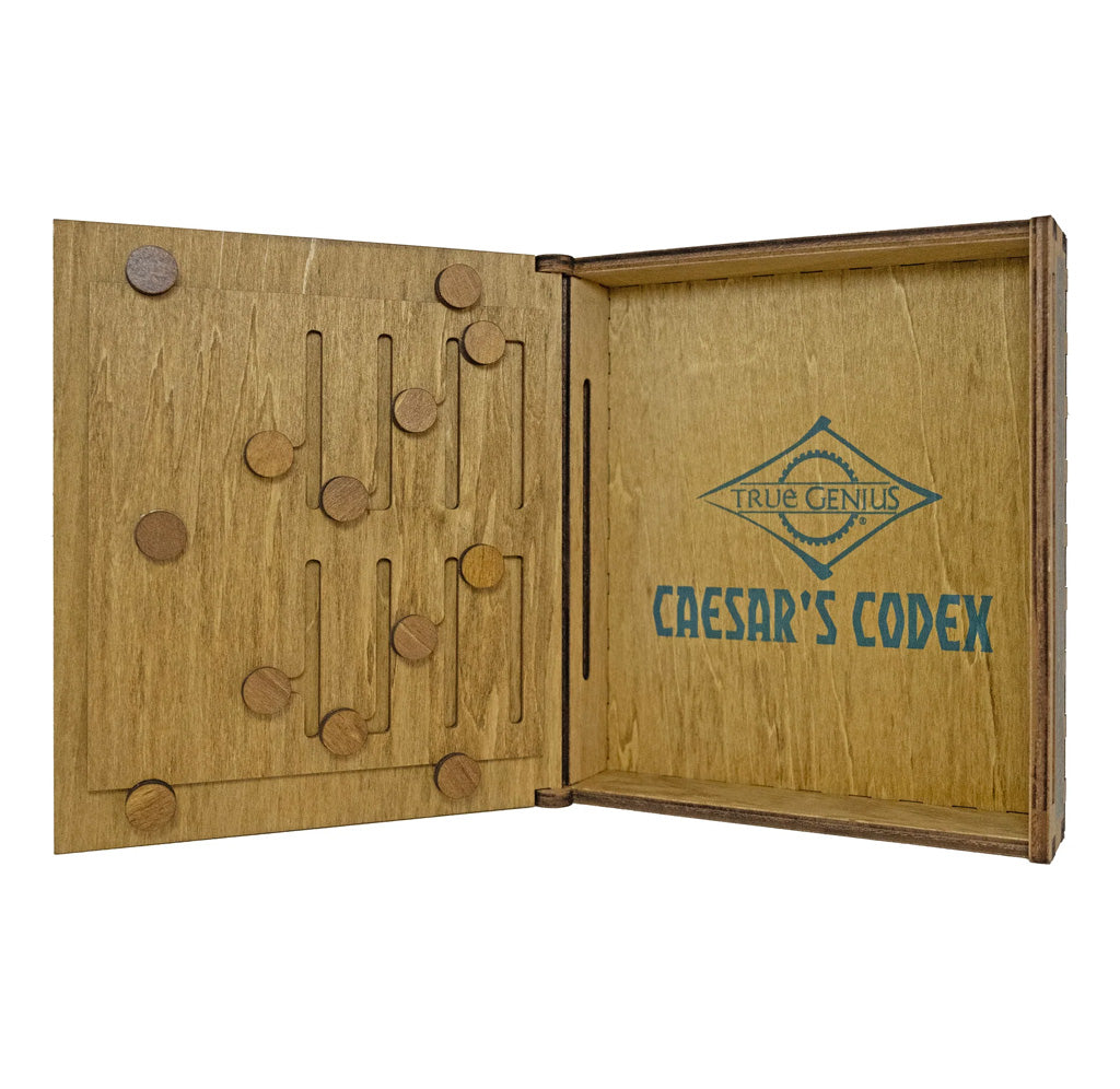 Wooden box with 'Caesar's Codex' and 'True Genius' branding on a white background