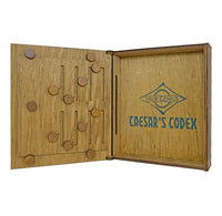 Wooden box with 'Caesar's Codex' and 'True Genius' branding on a white background