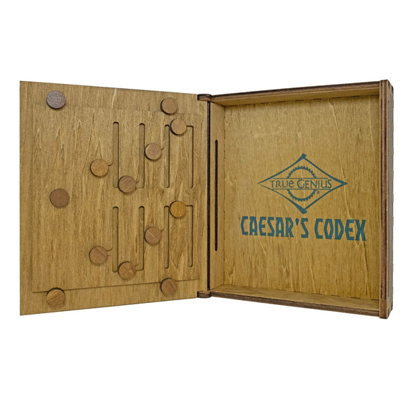 Wooden box with 'Caesar's Codex' and 'True Genius' branding on a white background