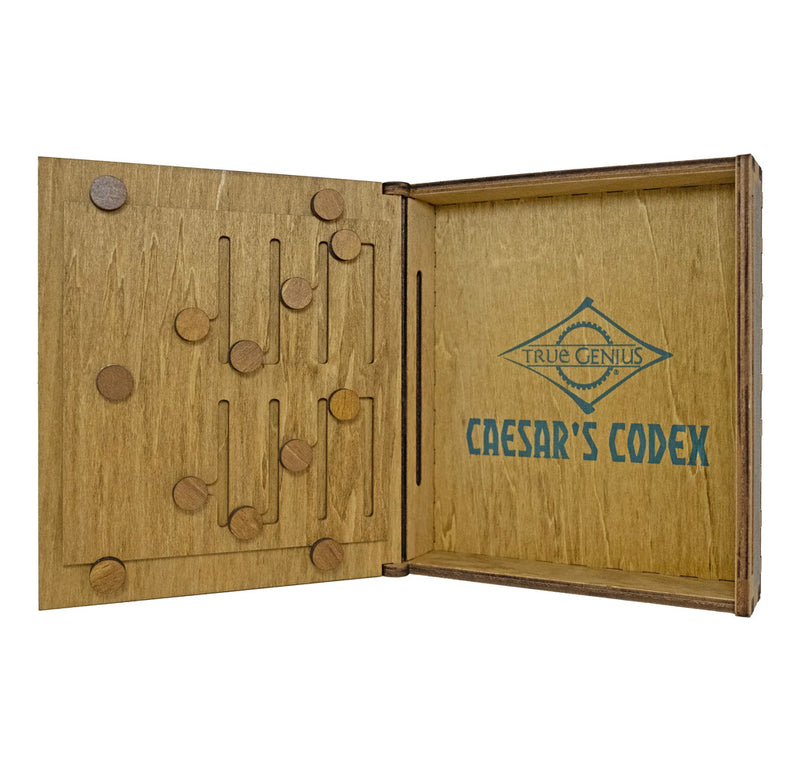 Wooden box with 'Caesar's Codex' and 'True Genius' branding on a white background