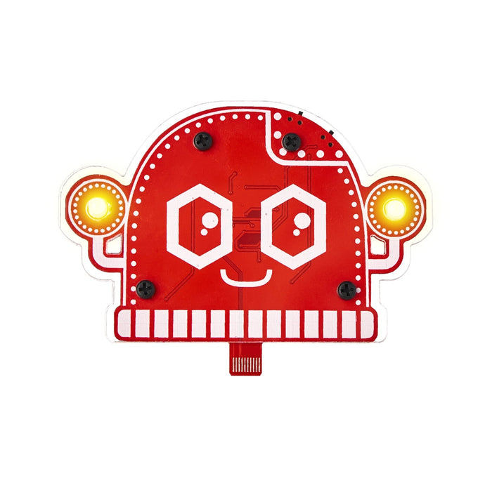 Red robot-shaped circuit with yellow lights on a white background