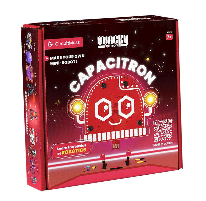 Box for Capacitron robot kit with robot illustration and branding on a red background
