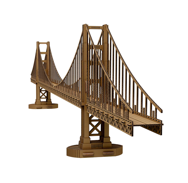 A detailed brown model of a suspension bridge with tall towers, vertical cables, and lattice supports, shown against a plain white background. The scene feels calm and architectural.