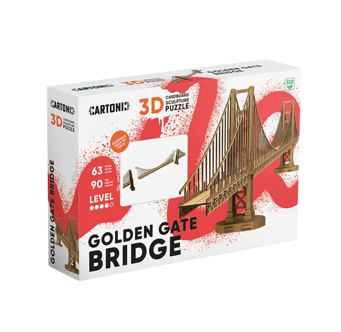 A white-and-red Cartonic 3D cardboard sculpture puzzle box depicts a miniature Golden Gate Bridge, with “63 pieces” and “90 level” labels, against a plain background.
