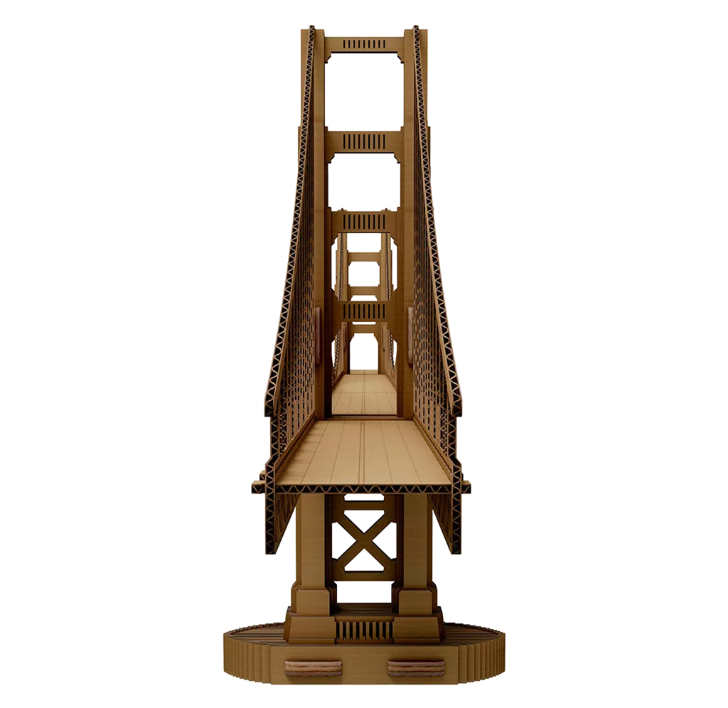 A brown, intricately detailed model of the Golden Gate Bridge is viewed straight-on, its towers and cables framing the roadway in a symmetrical, architectural display.
