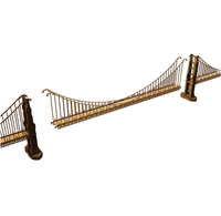 A brown miniature suspension bridge section with ornate vertical railings hangs between two dark posts against a white background, suggesting an old-fashioned design.