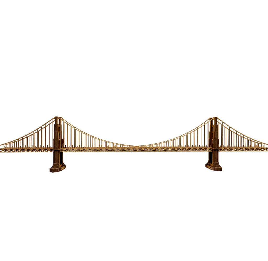 A long brown suspension bridge with two tall towers and curved cables spans a white background, evoking sturdy engineering and a calm, isolated scene.