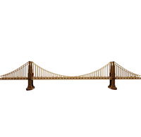 A long brown suspension bridge with two tall towers and curved cables spans a white background, evoking sturdy engineering and a calm, isolated scene.