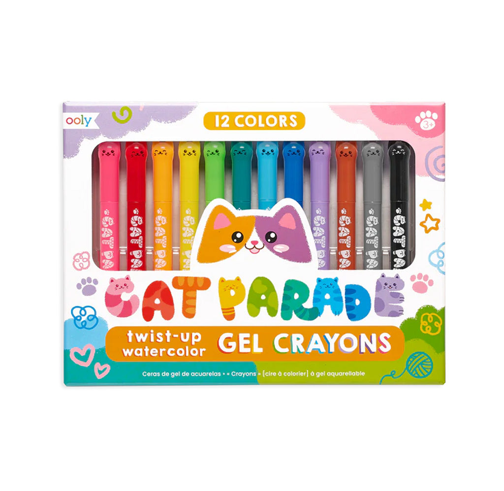 Rectangular box with multi colored doodles on the front and drawing of a cat. A see-though window on the front packaging reveals the 12 colored crayons in the package. 