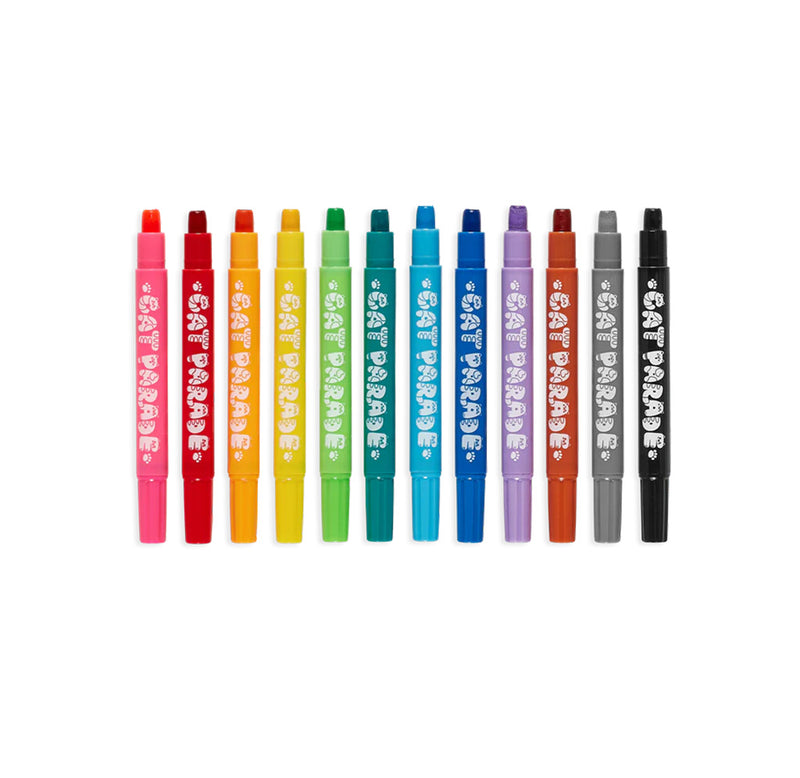 Image of the 12 markers lined up with caps off, showing the twist up crayon. 