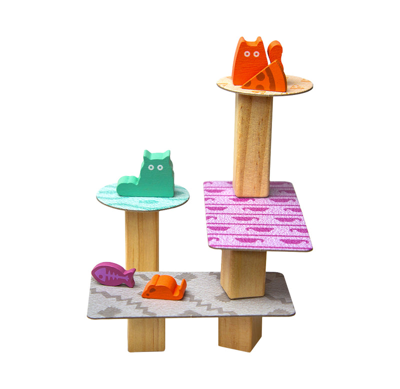 An orange cat sits on the top with its orange cheese while a blue green cats sit on its perch with a orange mouse and purple fish sit at the bottom.