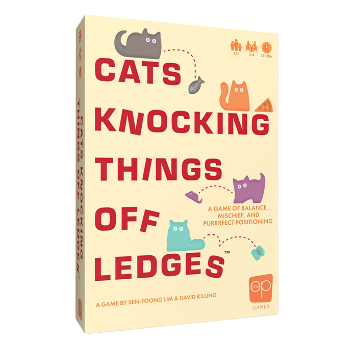 Cream-colored “Cats Knocking Things Off Ledges” board game box, with playful cat and falling-object illustrations; its bold red title suggests mischievous fun.