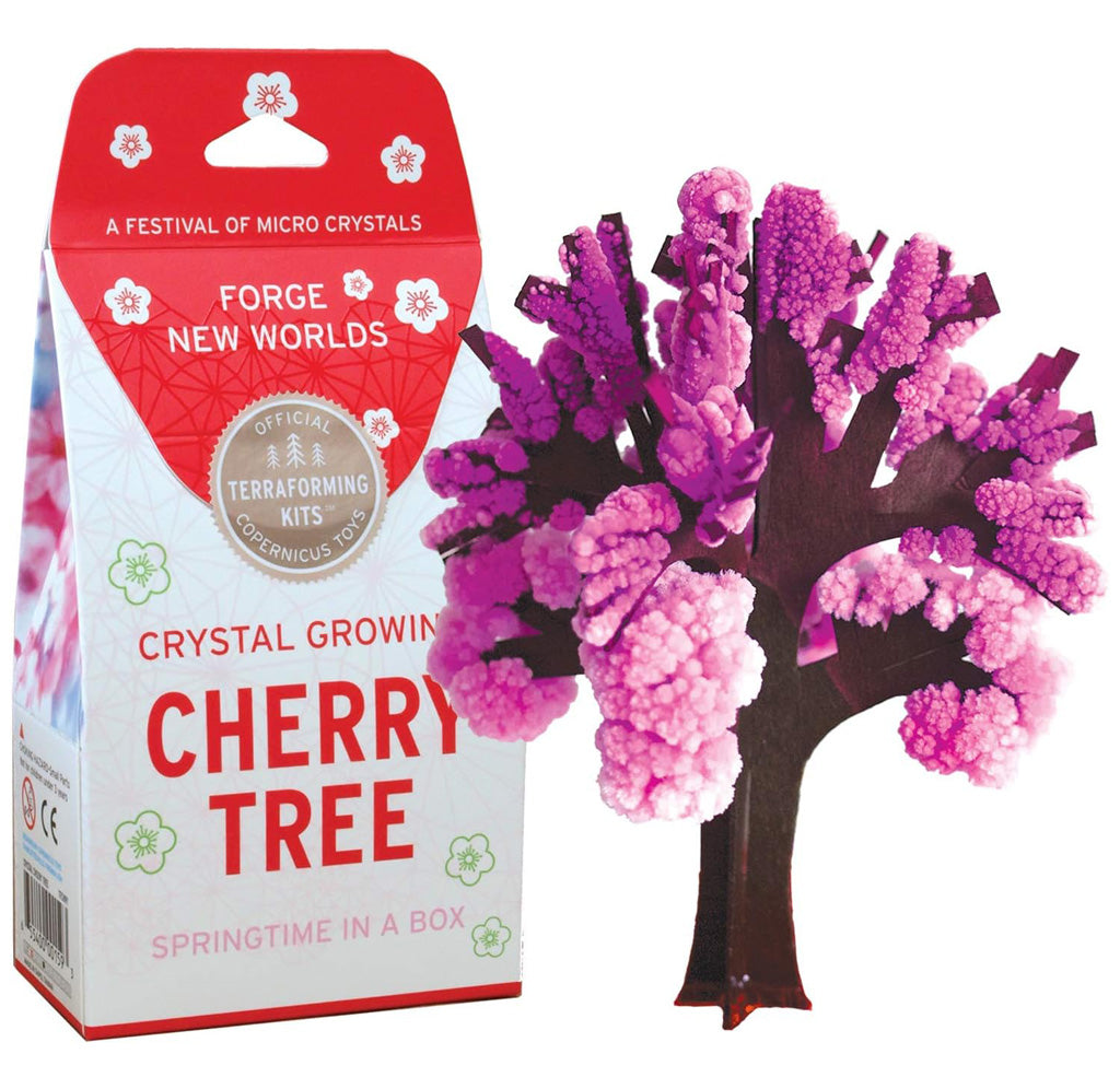 Cherry tree packaging with an image of the fully grown cherry tree crystals beside it.