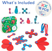Clixo magnetic play pieces set with packaging and included items on a white background