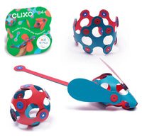 Colorful magnetic toy set with packaging labeled 'Clixo' on a white background