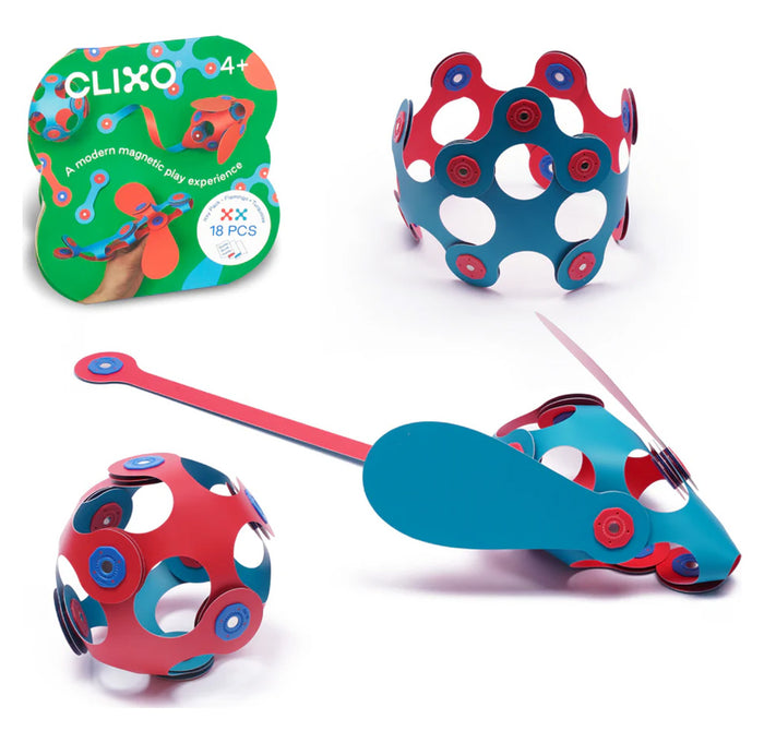 Colorful magnetic toy set with packaging labeled 'Clixo' on a white background