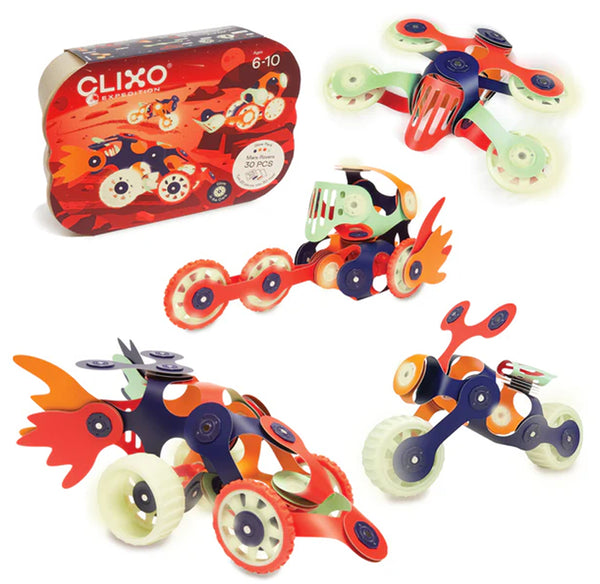Sample build rovers, motorcycles, and space drones to explore Martian landscapes on a white background.