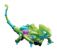 Toy chameleon with green and blue colors on a white background