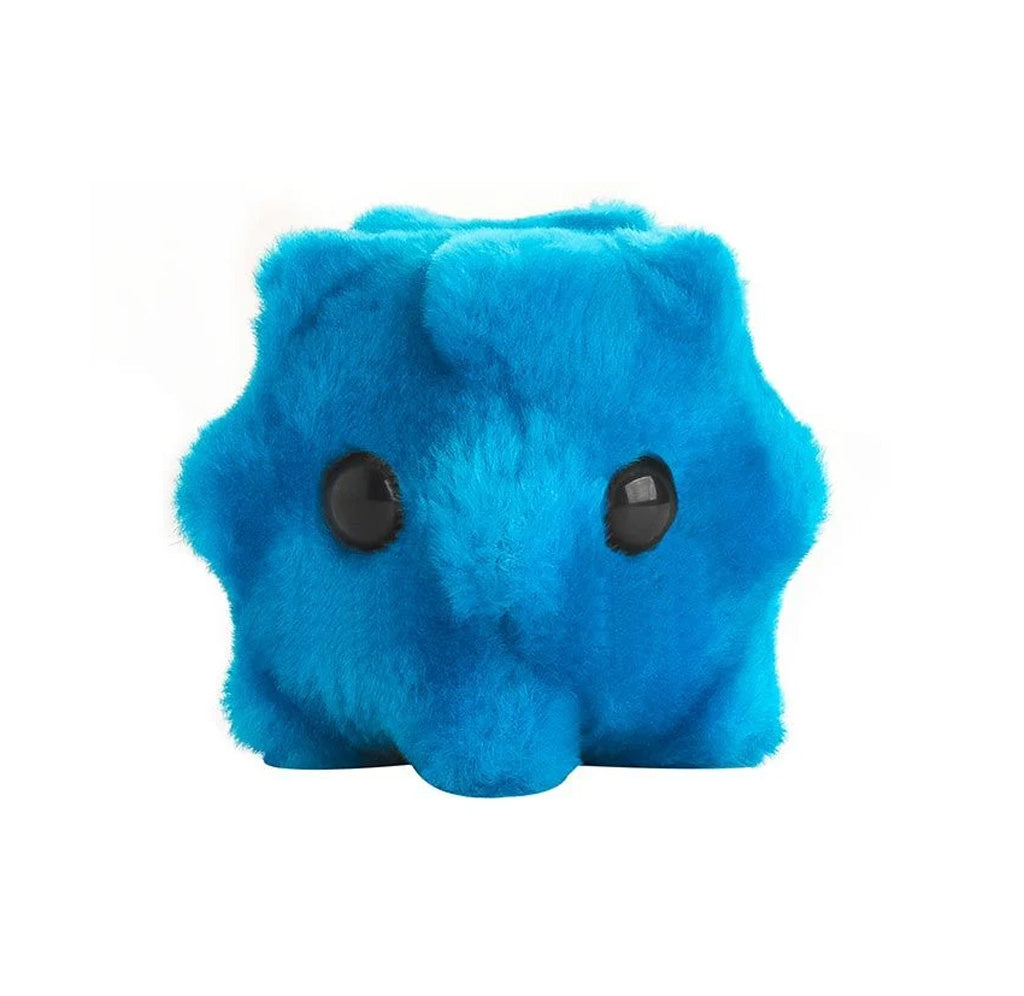 A blue stuffed plush toy shaped like the common cold virus. It is blue, round, and has large black eyes.