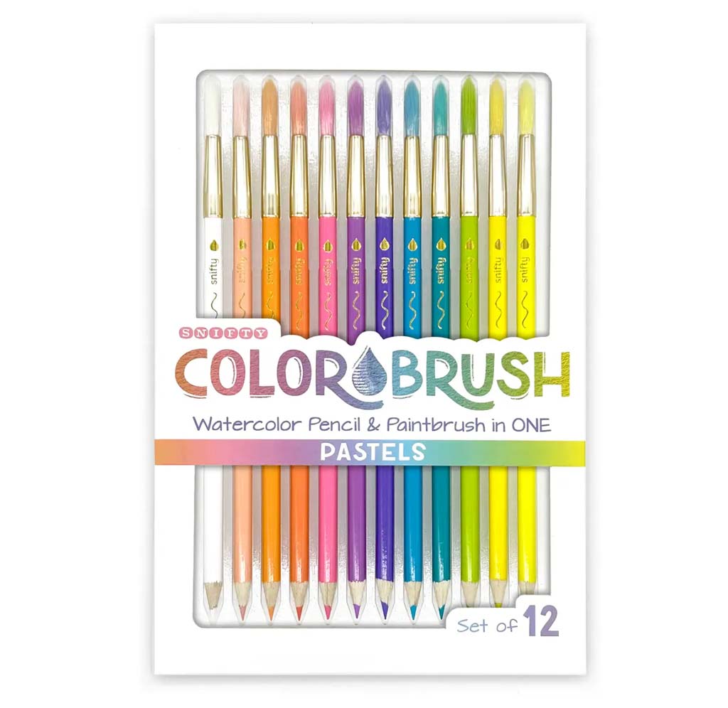 A product shot of the Snifty Pastel Colorbrush set, showing 12 double-ended art tools that combine a blendable watercolor pencil on one end and a paintbrush tip on the other