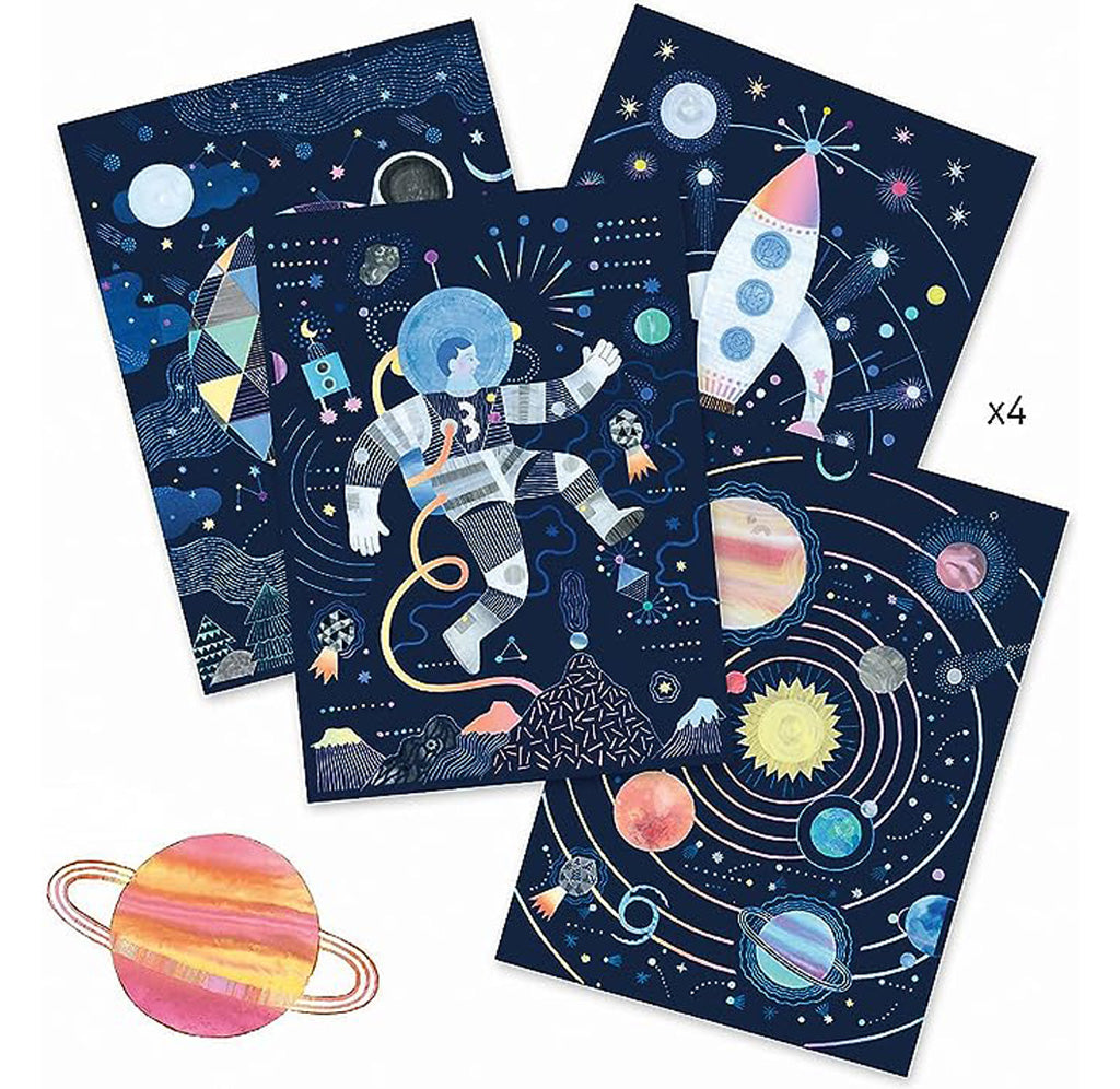 Four scratch cards included in the Cosmic Mission set. They show an astronaut, a rocket, the solar system, and the night sky. 