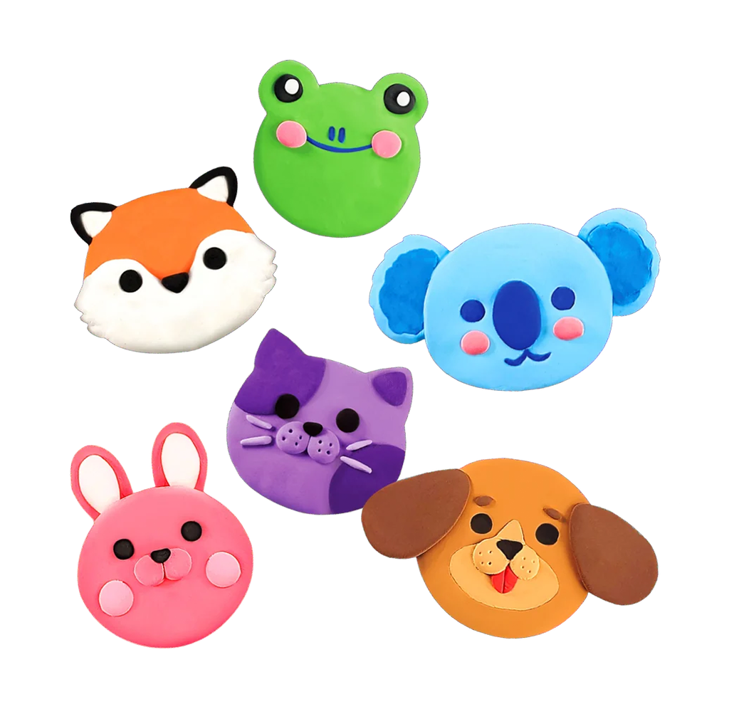 Six colorful animal faces—green frog, orange-and-white fox, blue koala, purple cat, pink rabbit, and brown-eared dog—float on white, creating a cheerful, playful tone.