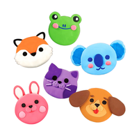 Six colorful animal faces—green frog, orange-and-white fox, blue koala, purple cat, pink rabbit, and brown-eared dog—float on white, creating a cheerful, playful tone.