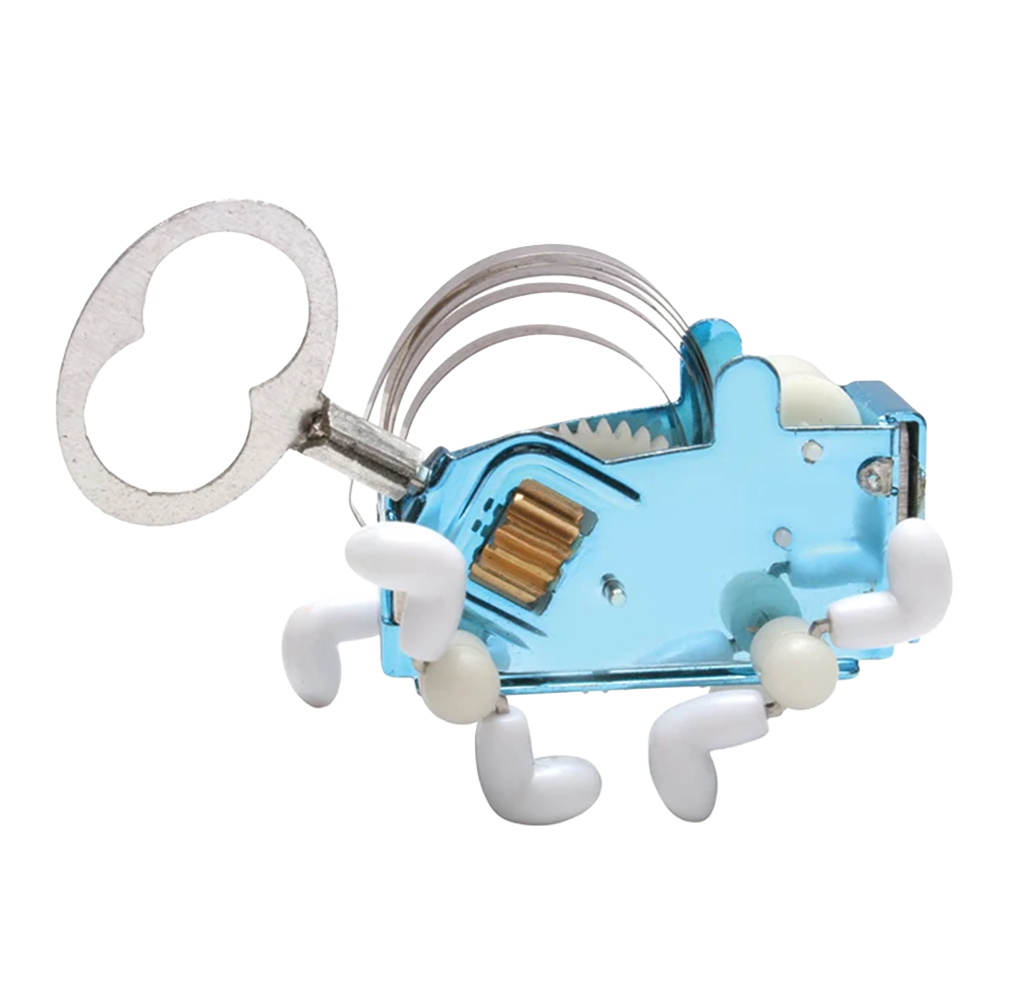 Blue wind-up toy insect with white legs, a silver key, exposed gears, and rounded details, shown against white in a playful style.