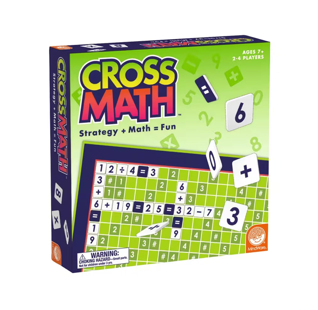 Board game box for 'Cross Math' with colorful design and math-themed graphics.