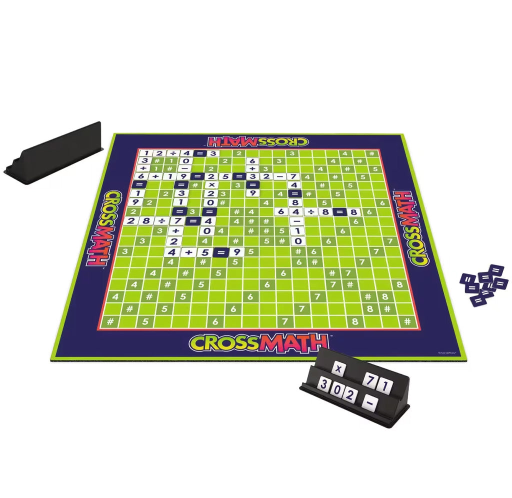 CrossMath game board with scoring card and dice on a white background