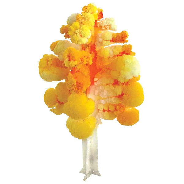 A small paper aspen tree covered in bright yellow and gold micro-crystals.