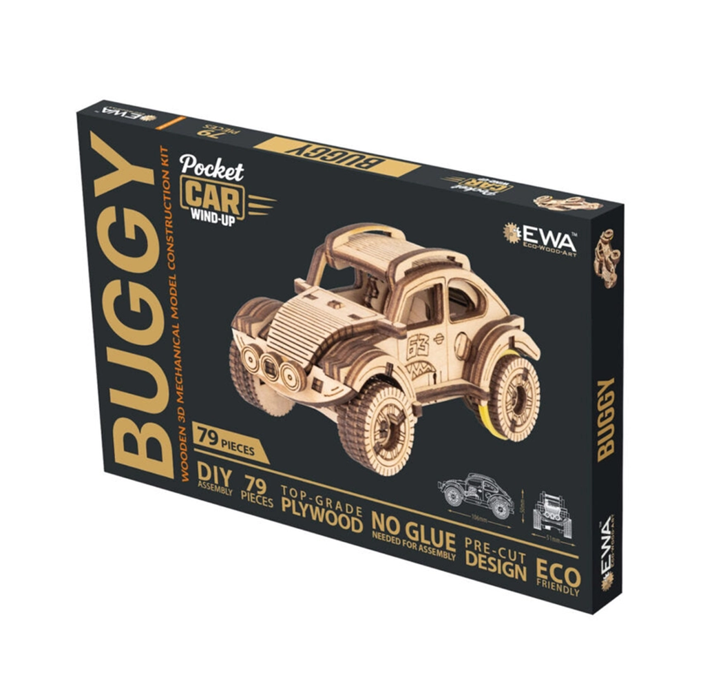 Black EWA model kit box featuring a detailed wooden, vintage-style off-road car; labeled 79 pieces and no glue needed, with a playful DIY tone.