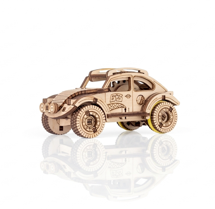Laser-cut wooden toy race car, styled like a rugged vintage rally racer with chunky wheels and number 63, displayed against a bright white background.