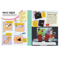 An open instruction booklet or craft guide spread titled 'Movie Maker,' showing step-by-step instructions with photos of materials, a box-making diagram, and a cartoon scene of characters watching a movie on a screen.