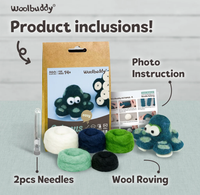 Woolbuddy kit display showing a sea creature project, photo instructions, two needles, and colorful wool roving, presented in a cheerful, inviting style.