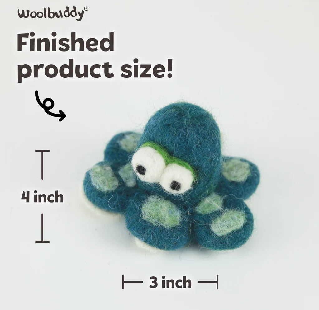 Woolbuddy graphic shows a finished teal felt octopus plush with large white eyes and green spots, labeled 4 inches tall by 3 inches wide; playful, cozy tone.