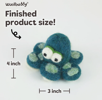 Woolbuddy graphic shows a finished teal felt octopus plush with large white eyes and green spots, labeled 4 inches tall by 3 inches wide; playful, cozy tone.