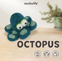A cheerful teal-and-green felt octopus toy with large googly eyes sits on a wooden surface; “OCTOPUS” and eco-friendly, handmade, 100% wool labels appear below.