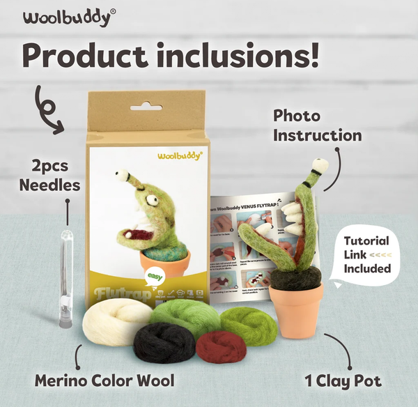 “Woolbuddy product inclusions” display: a felted green venus flytrap, clay pot, pattern booklet, two needles, and colorful merino wool, presented as a cheerful DIY kit.