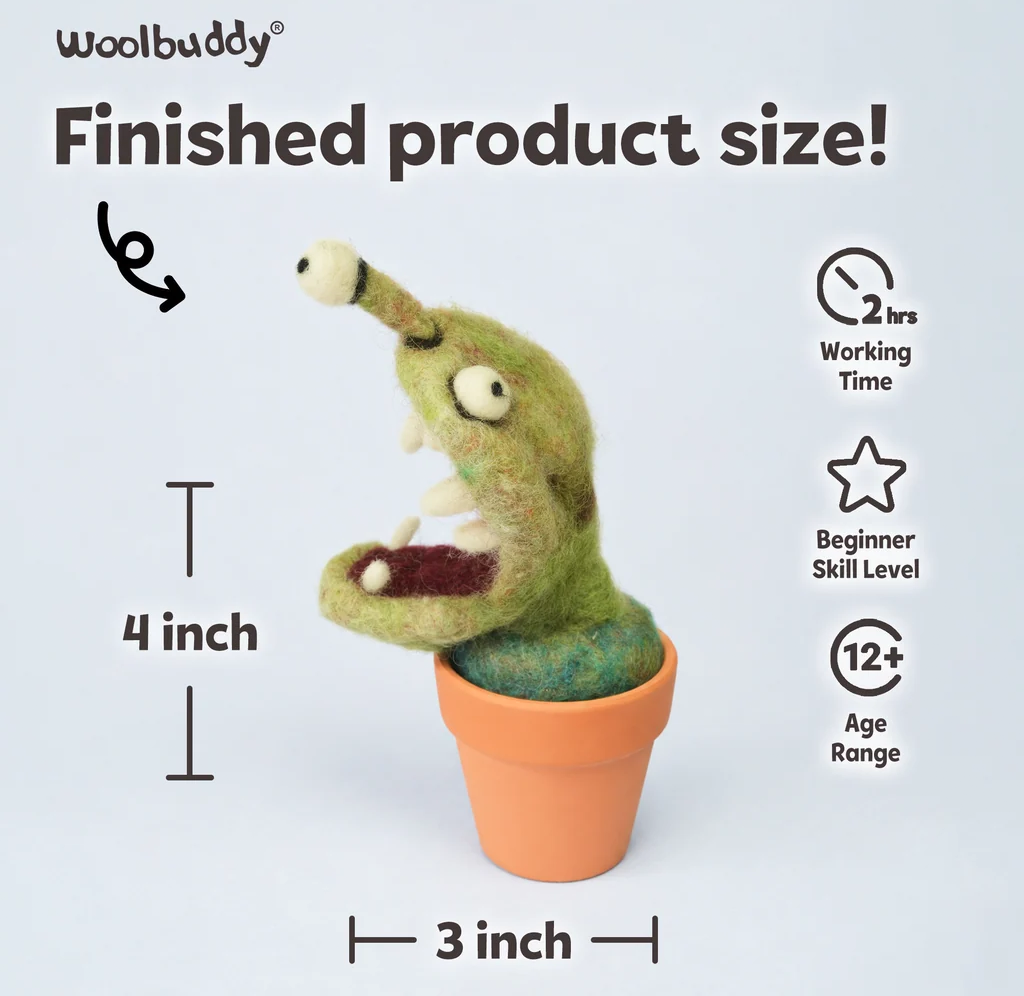 Finished wool-felting project: a green, one-eyed alien venus flytrap in an orange pot, about 4 inches tall and 3 inches wide; beginner-friendly, playful craft.