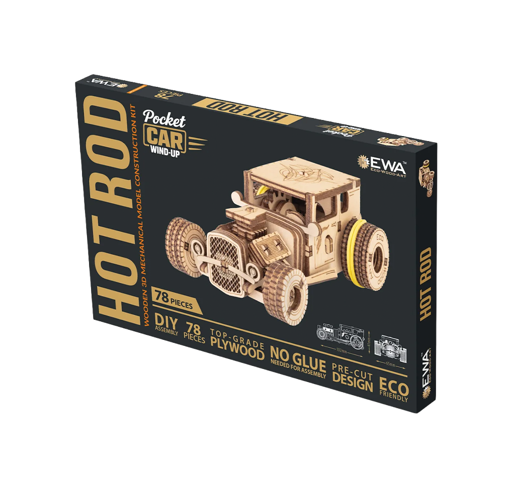 Black HOT ROD model kit box featuring a detailed wooden vintage car, with labels for 78 pieces, DIY assembly, and no glue; playful, hands-on tone.