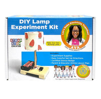 Product box for DIY Lamp Experiment Kit with a lamp connected to a piece of wood with a lamp shade with strawberries on it.